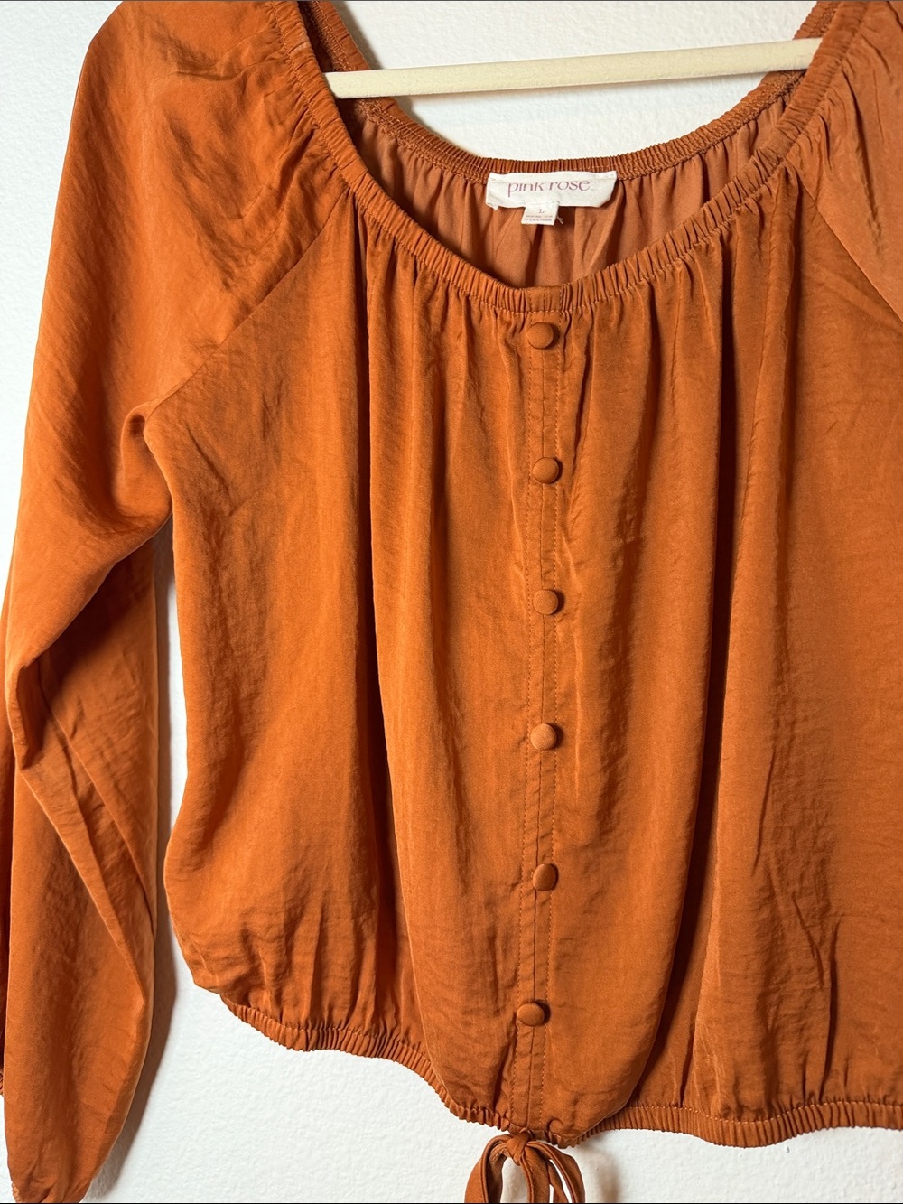 Pink Rose Women's Rust Button-Front Drawstring Blouse - Picture 3 of 4